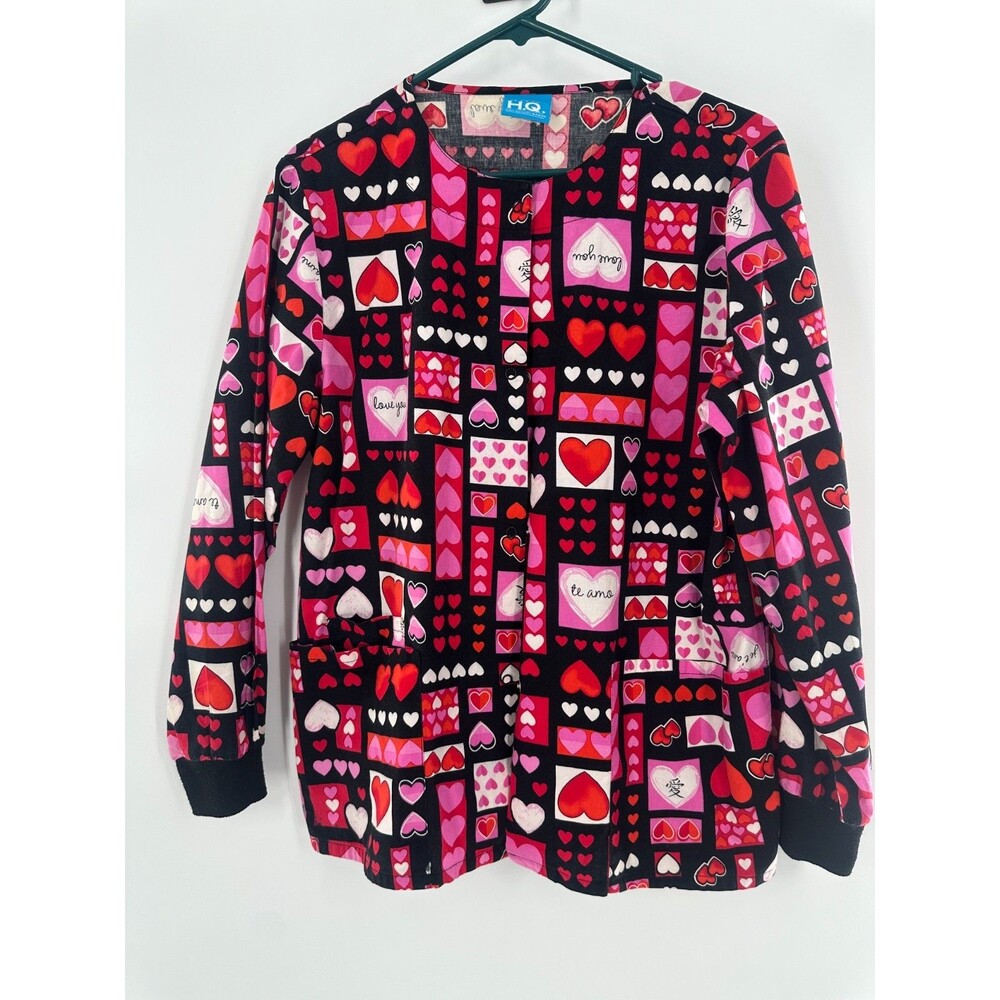 Scrub H.Q. Valentine's Day Heart Print Warm-Up Scrub Jacket Knit Cuff Sz Large